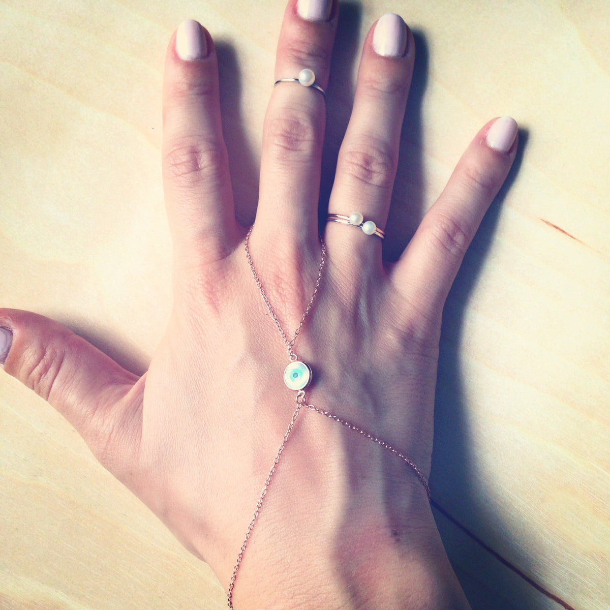 Rosy Hand Chain Bracelet with Blue Evil Eye