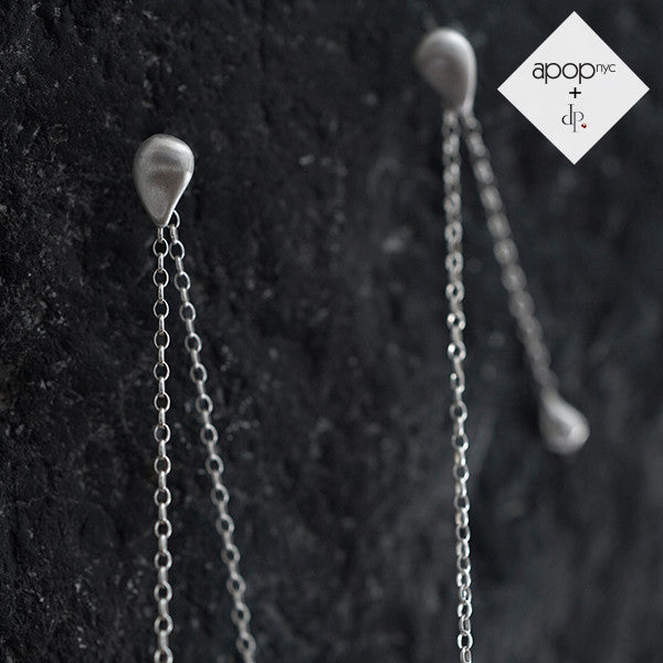 Daphne P. Matte Sterling Silver Teardrop Long Drop Chain Earrings