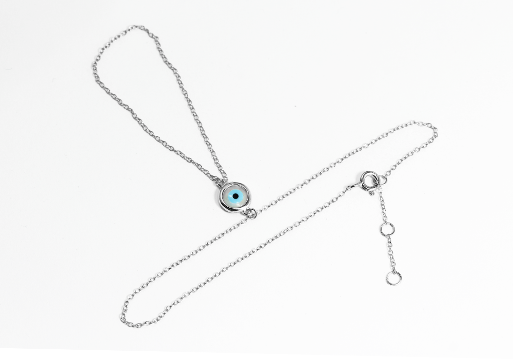 Sterling Silver Hand Chain Bracelet with Blue Evil Eye