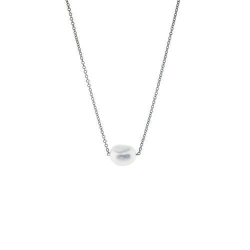 Blackened Silver Natural "Baroque" Single Pearl Necklace 16-18 inch