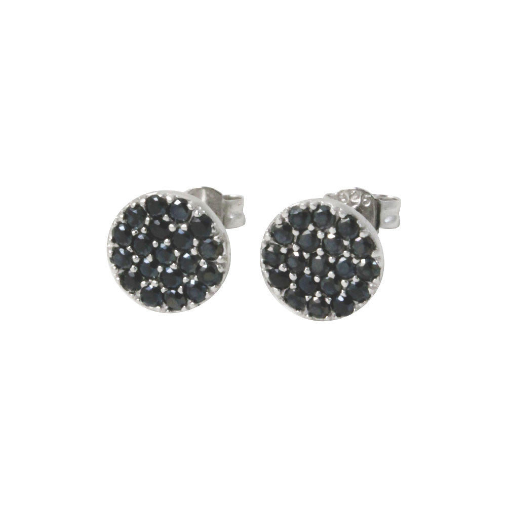 Sterling Silver Round Disc Black Stone Earring Studs
