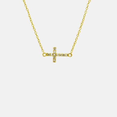 Mini Gold Vermeil Sideways Cross Necklace CZ 16 inch