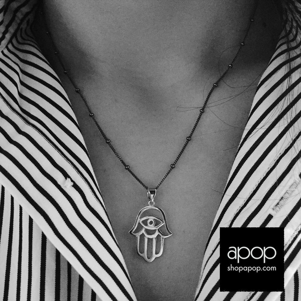 Sterling Silver Evil Eye Hamsa Pendant with Black Chain Necklace