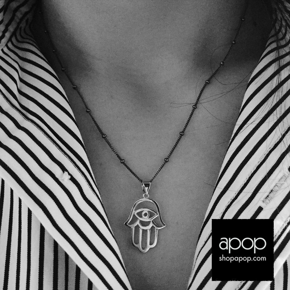 Sterling Silver Evil Eye Hamsa Pendant with Black Chain Necklace