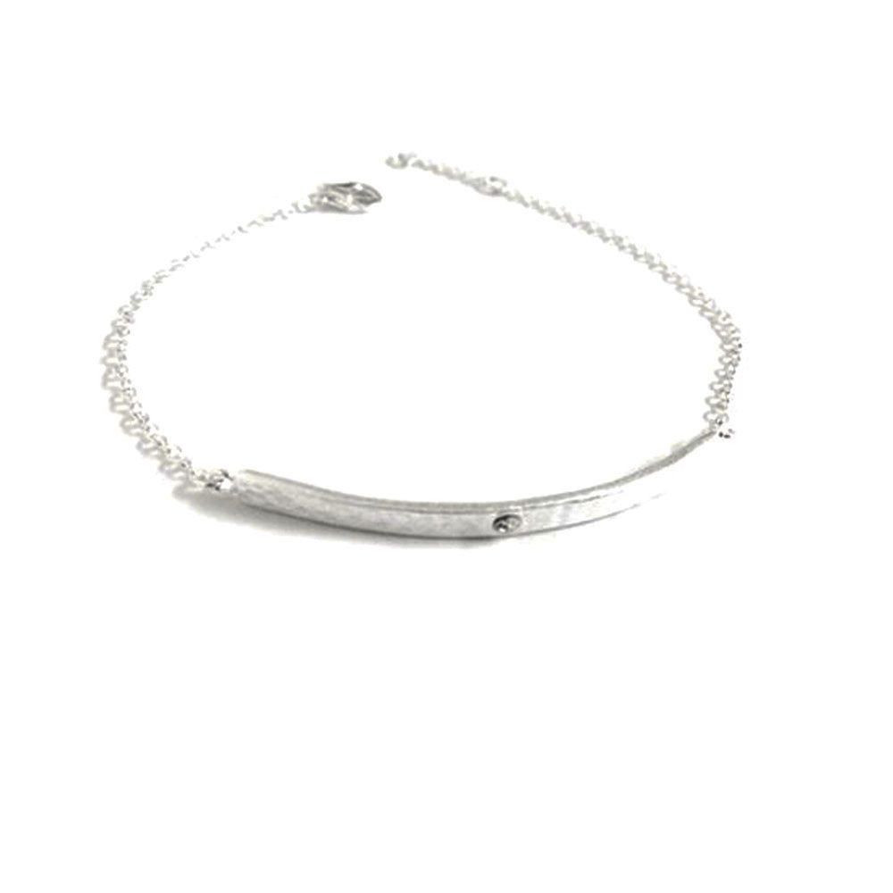 Silver Hammered Matte Bar Bracelet with CZ Stone 7 inch