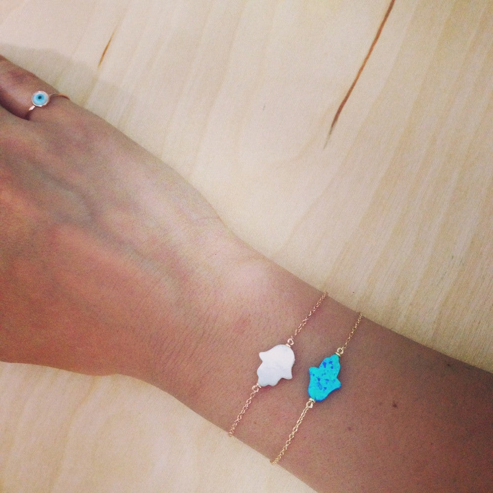 Rosy Mother of Pearl Hamsa Bracelet 7 inch