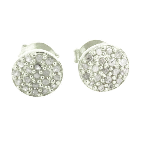Sterling Silver Round Disc Pave Diamond Earrings
