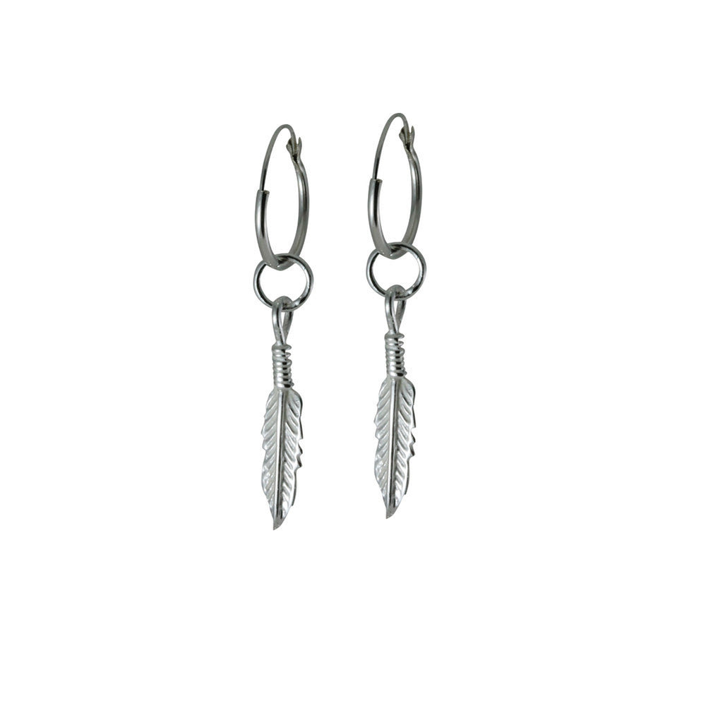 Sterling Silver Hoop Earrings with Feather Charm