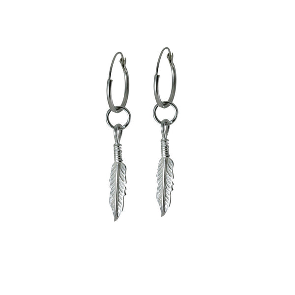 Sterling Silver Hoop Earrings with Feather Charm