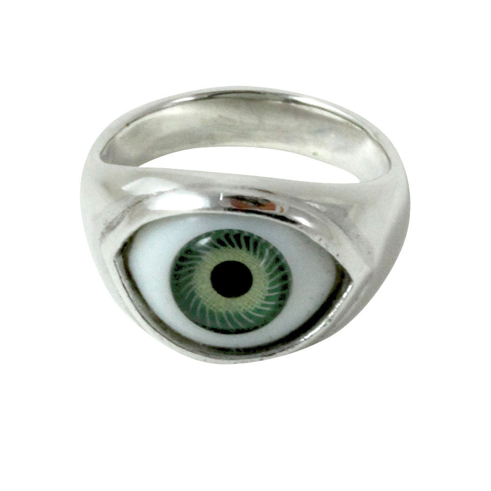 "I C U" Sterling Silver Green Evil Eye Ring
