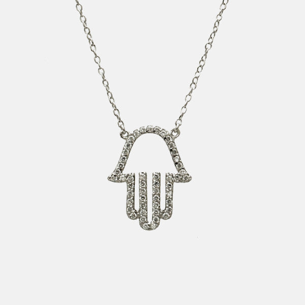 "Hand of Glam" Sterling Silver Hamsa Stone Necklace 16 inch
